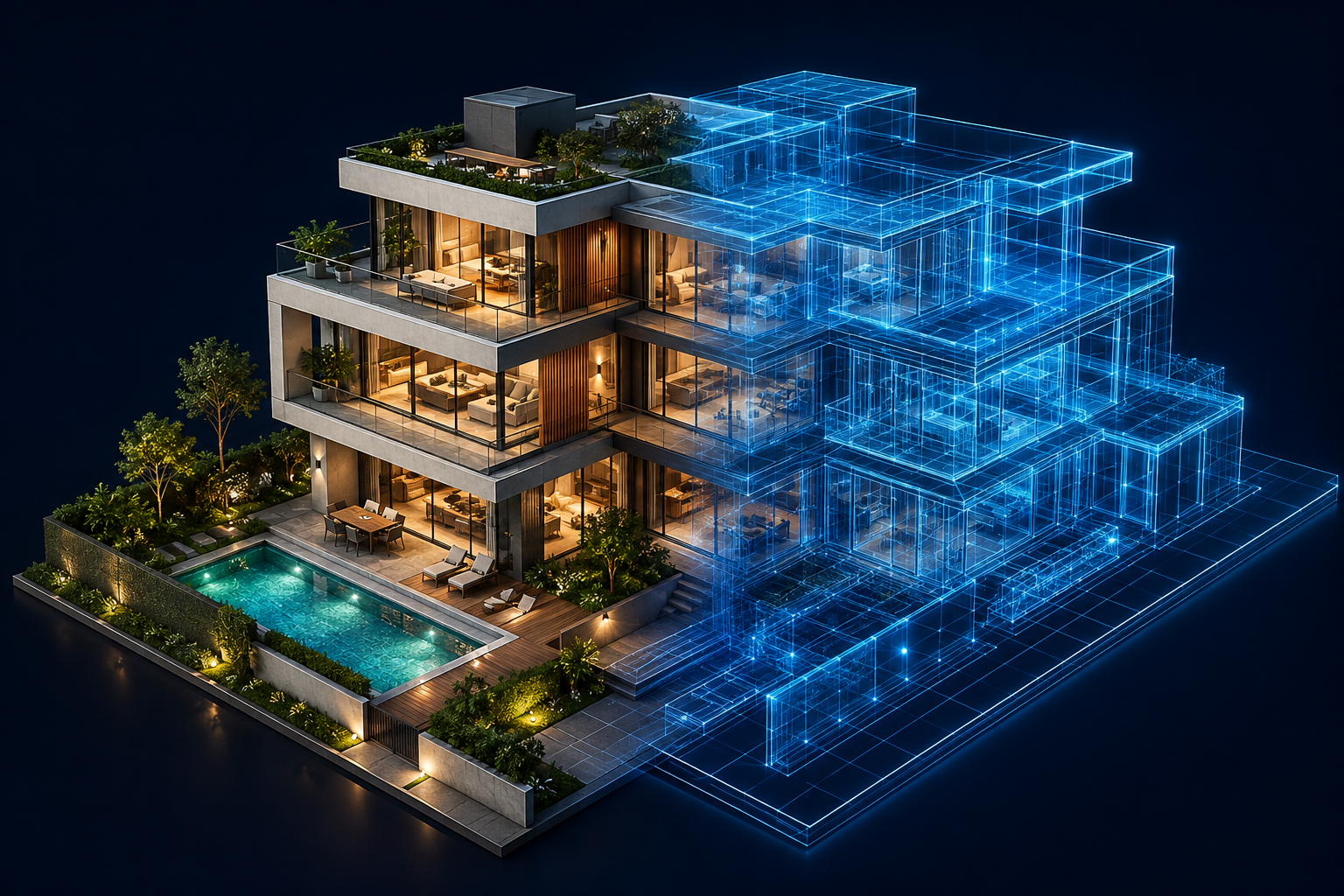 Modern home rendered as a TrustBuild property digital twin — half photorealistic, half glowing blue wireframe